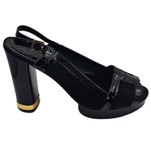 Tory Burch Sample Gemma Black Suede & Patent Leather Platform Heel Slingback